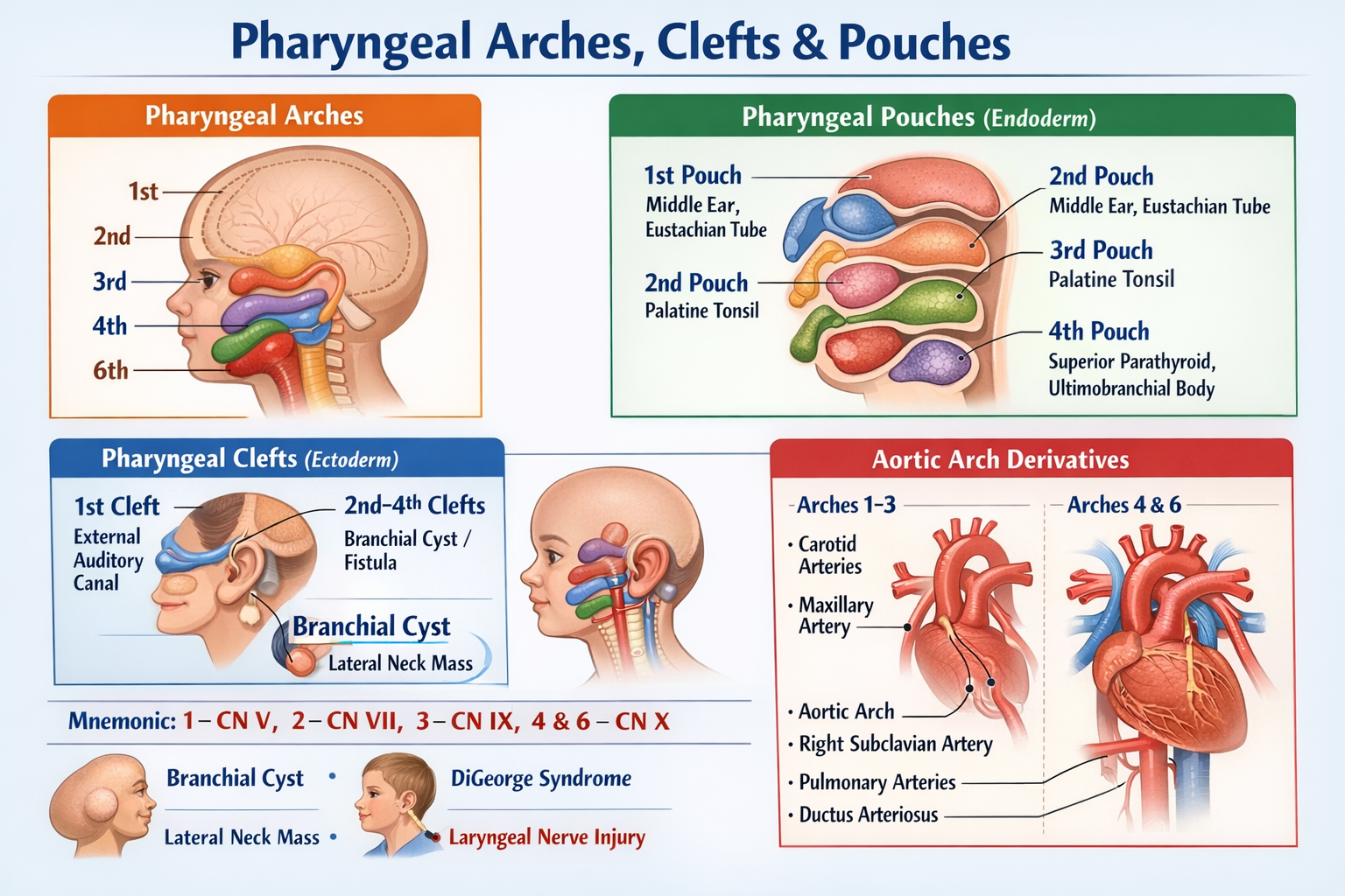 Illustration of Pharyngeal Arches Clefts and Pouches Explained With Derivatives and Clinical Correlation symptoms