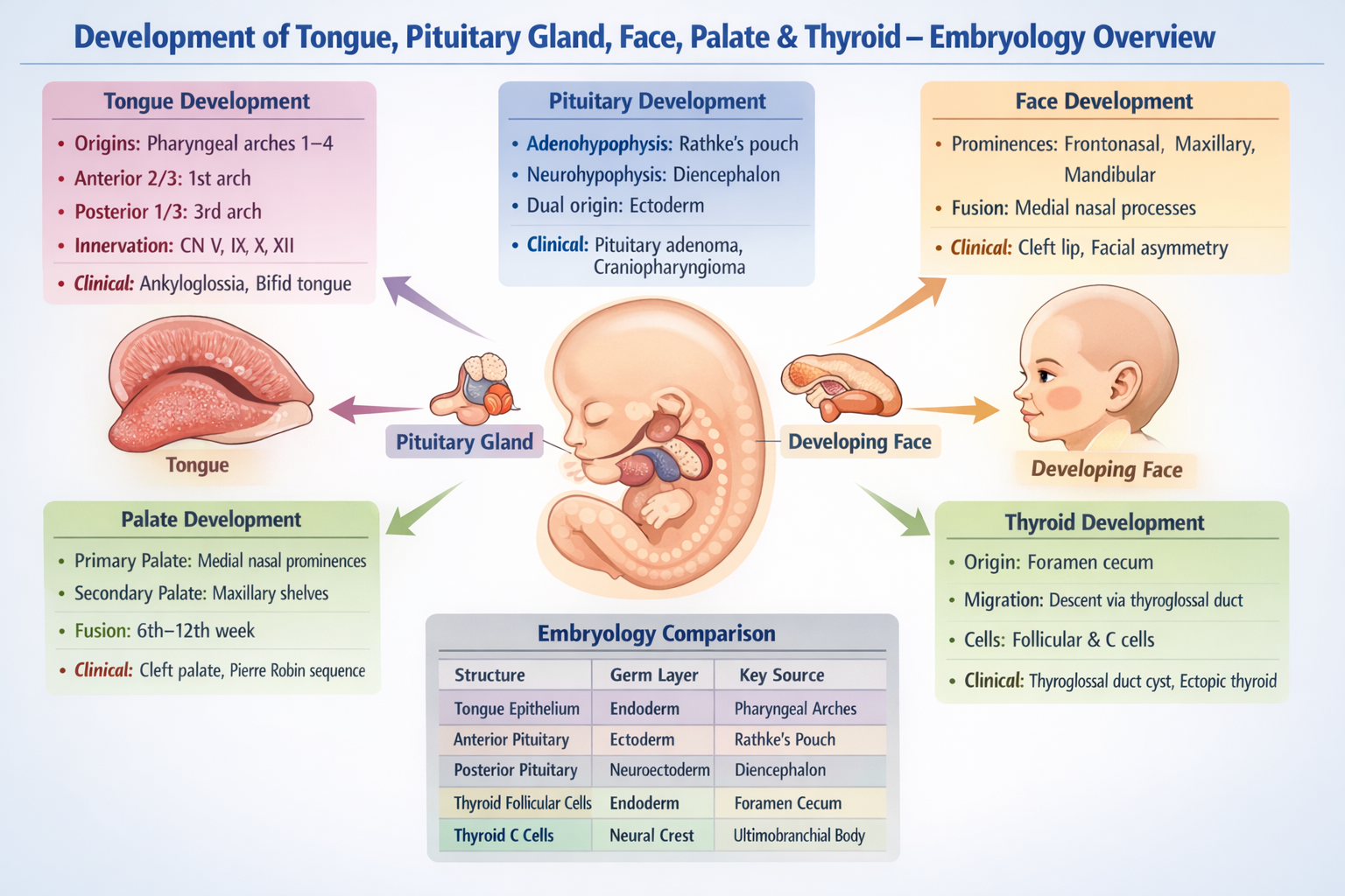 Illustration of Development of Tongue, Pituitary Gland, Face, Palate and Thyroid – Complete Embryology Guide symptoms