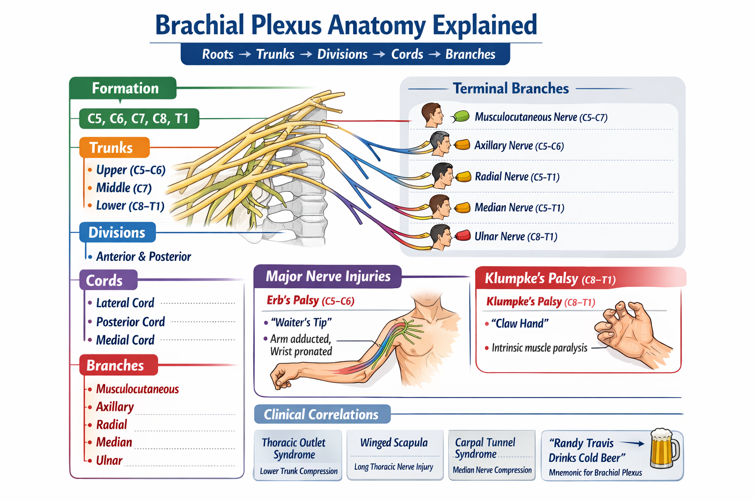 Illustration of Brachial Plexus Anatomy Explained with Roots Trunks Cords Branches and Clinical Correlations symptoms