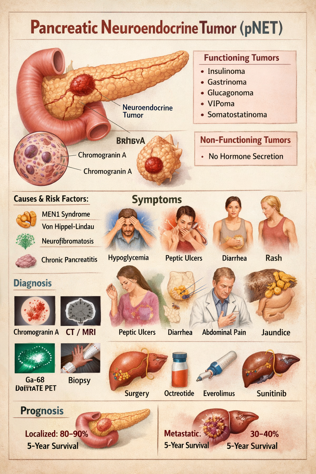 Illustration of Pancreatic Neuroendocrine Tumor Symptoms Diagnosis Treatment Prognosis symptoms