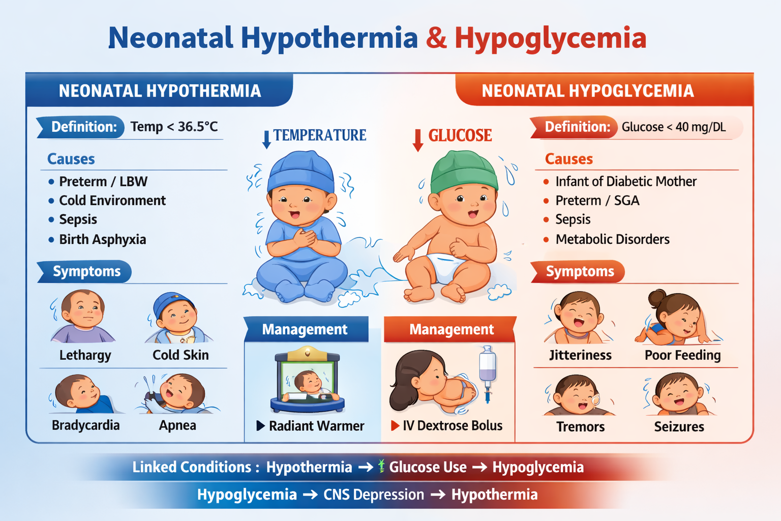 Illustration of Neonatal Hypothermia and Hypoglycemia Diagnosis Causes Management Guide symptoms